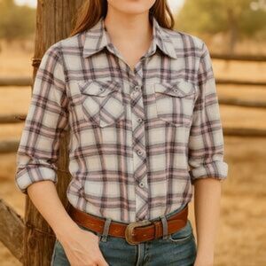 Cabi | Festival Plaid Floral Back Mixed Media Button Front Shirt Western Rodeo M